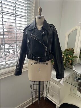 Black Cropped Faux Leather Biker Jacket with Belt